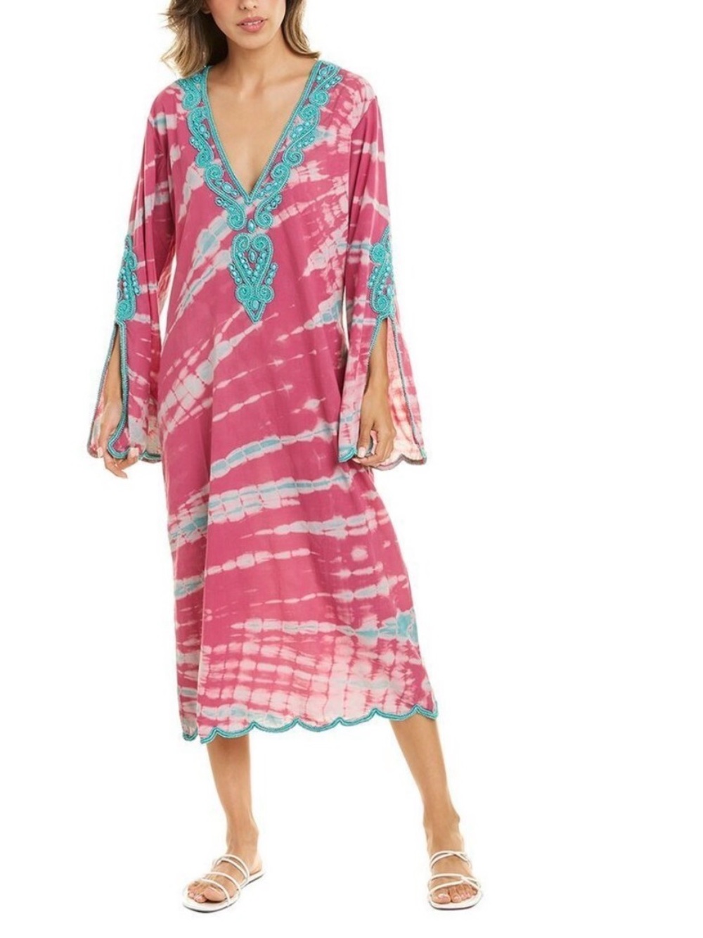 Monique Leshman Pink & Teal Tie-Dye Beaded Maxi Dress XS Bohemian Beach Hippie